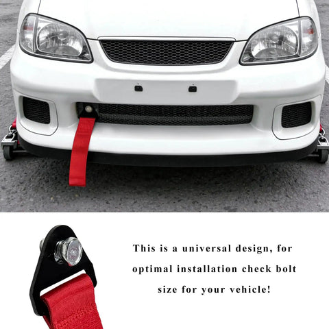 Heavy Duty Nylon Tow Strap For Cars And Trucks 2205 Pound Street Tough Snatch Recovery Rope mounted on a white vehicle's front bumper.