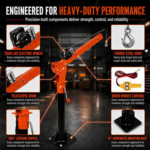 Foldable Electric Pickup Truck Crane With 3500 Pound Load Rating And Rock Solid Alloy Steel Build showcasing electric winch and telescopic boom.