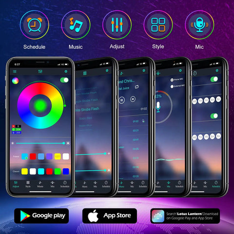 Mobile app control interface for Outdoor Waterproof LED Strip Lights 100 Ft RGB Color Changing With Music Sync IP65 Rope Lights