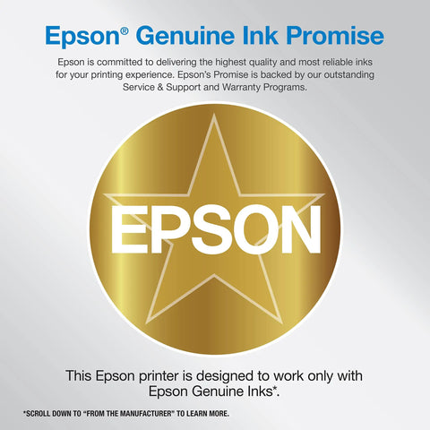 Epson Genuine Ink Promise badge for printer reliability and quality assurance.