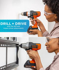 Woman using 20V MAX Cordless Drill And Impact Driver Combo Kit With Matrix Quick Connect System, 2 Tools, for home tasks.
