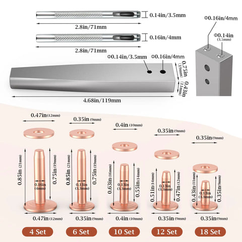 Copper Leather Rivets Kit With Burrs, Setter Tool And Punches, 50 Sets Of Pro Grade Leather Fasteners dimensions and sizes