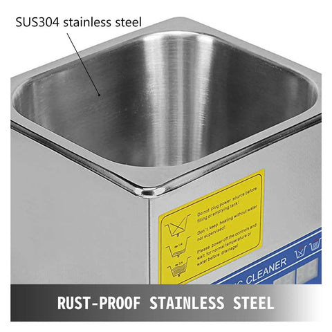Heavy Duty Stainless Steel Ultrasonic Cleaner With Heat And Digital Timer For Glasses Jewelry Tools And Parts showing SUS304 stainless steel tank.