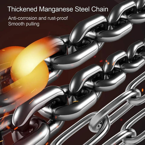 Thickened manganese steel chain from Shop Grade 10T Manual Chain Hoist Built Tough With Dual Rotating Hooks And Heavy Duty Steel Frame.