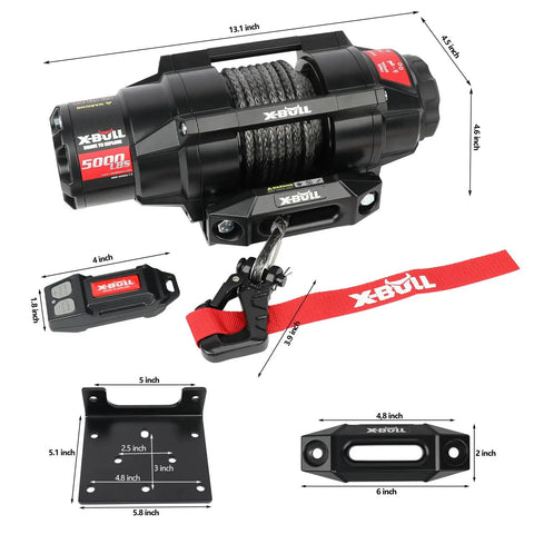 Beefy 5000 Lb 12V Electric Winch With Waterproof Synthetic Rope Hawse Fairlead Wireless And Wired Remote Mounting Plate Ideal For ATV UTV Boat Trailer Winching, shown with remote and plate