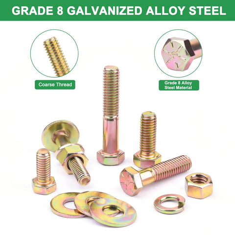 Heavy Duty Grade 8 Alloy Steel SAE Hex Bolts Nuts Kit With Fifteen Common Sizes including washers displayed on white background