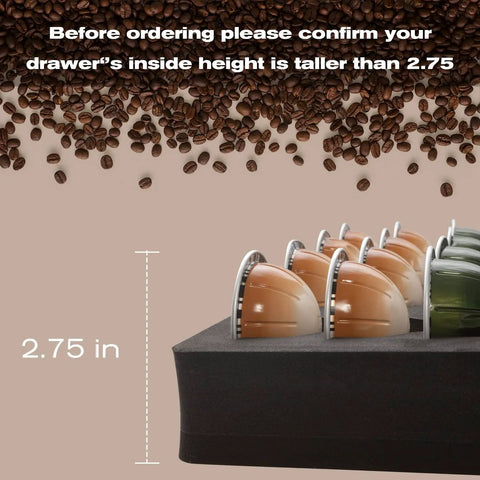 Side view of 48 Pod Coffee Capsule Drawer Organizer For Nespresso Vertuo Vertuoline Holds 48 Pods Waterproof Foam Tray