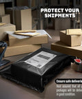 Durable Black 14.5x19 Inch Poly Mailers, 100 Pack, Waterproof Self Sealing Shipping Bag on table with packages in warehouse