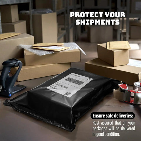 Durable Black 14.5x19 Inch Poly Mailers, 100 Pack, Waterproof Self Sealing Shipping Bag on table with packages in warehouse