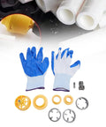HaloVerde Electric Drill Pipe Threader Kit With 3 Dies For Pvc Pipes components, includes gloves, yellow die, and fittings.
