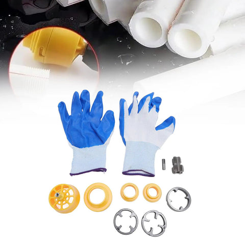 HaloVerde Electric Drill Pipe Threader Kit With 3 Dies For Pvc Pipes components, includes gloves, yellow die, and fittings.
