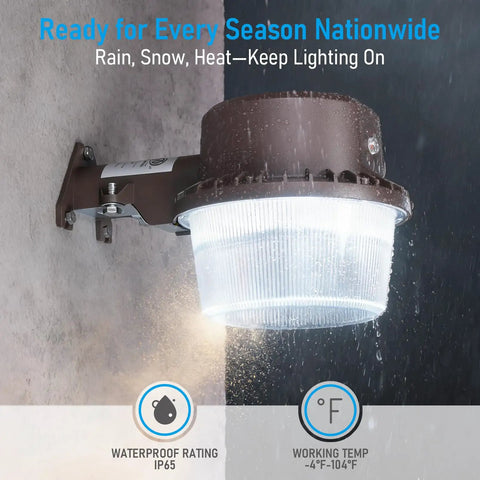 LED Barn Light With Dusk To Dawn Photocell Outdoor Security Flood Light IP65 Waterproof Bronze Aluminum Housing 110 To 277V 5000K Daylight 40W Replaces 400W Incandescent Garage And Yard Lighting Save Big On Energy Bills, mounted wall view in rain.