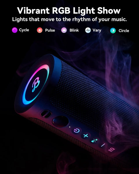 Roar 3 Bass-Boosted Portable Bluetooth Speaker With 20W Thumpin Bass, glowing RGB lights, IPX6, shown with controls visible.