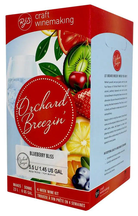 Orchard Breezin Blueberry Bliss Winemaking Kit For 6 Gallons box with fruit illustrations and product details, Silver, 1 Count