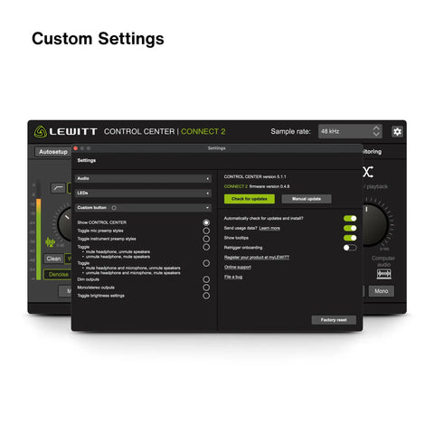 USB C Audio Interface With XLR And Hi Z Input Autosetup Clipguard Compressor And Denoiser control settings screen