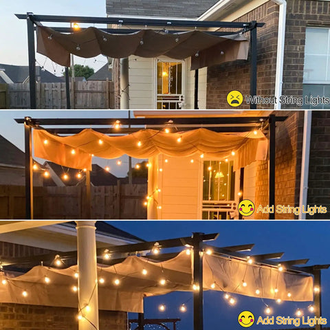 Before and after night view with Outdoor String Lights 100Ft LED Globe Bulbs For Patio Gazebo Waterproof Shatterproof UL Listed G40
