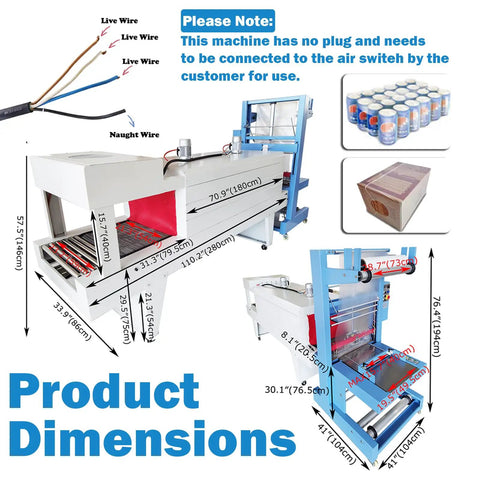 Built Tough Semi Automatic Plastic Film Sleeve Sealing Machine And Heat Shrink Packager dimensions with clear measurements and product features.