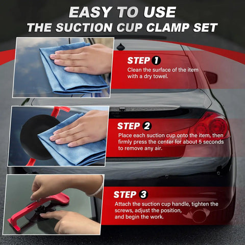 Installation steps for Six Piece Suction Cup Clamp Set For Glass And Windshield Repair Hands Free Gluing Tool Kit