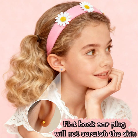 Girl wearing pink daisy headband with stud earring; Four Pairs Hypoallergenic Flat Back Earrings For Sensitive Ears In 316L Stainless Steel Screw Back Set With CZ Balls Hearts Stars And Cute FlatBack Studs For Women Go To Everyday Wear