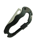 Black aluminum multitool carabiner with folding knife and screwdriver, EDC keychain tool for camping and hiking, pocket knife visible