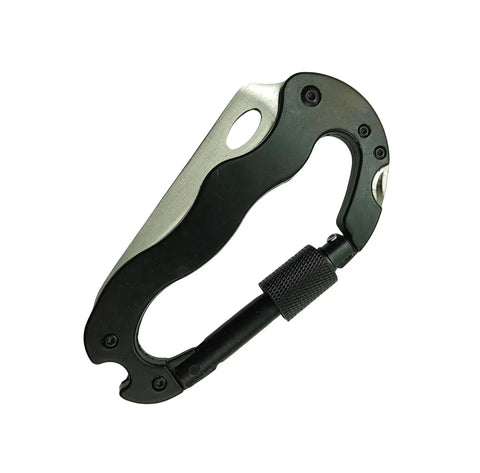 Black aluminum multitool carabiner with folding knife and screwdriver, EDC keychain tool for camping and hiking, pocket knife visible