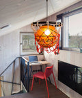 Basketball Hoop Pendant Light With Net and Acrylic Shade in loft setting, red net, simple install kit included, vintage style.