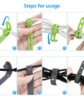 Steps showing usage of silicone cable ties for wire management, featuring green and black versions of the Silicone Cable Ties 5 Inch Flexible Cord Organizer Wraps Reusable Set Of 10 In Five Colors For Home Office Wire Management Soft Durable Elastic No Scratch Cables.
