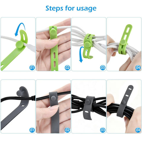 Steps showing usage of silicone cable ties for wire management, featuring green and black versions of the Silicone Cable Ties 5 Inch Flexible Cord Organizer Wraps Reusable Set Of 10 In Five Colors For Home Office Wire Management Soft Durable Elastic No Scratch Cables.