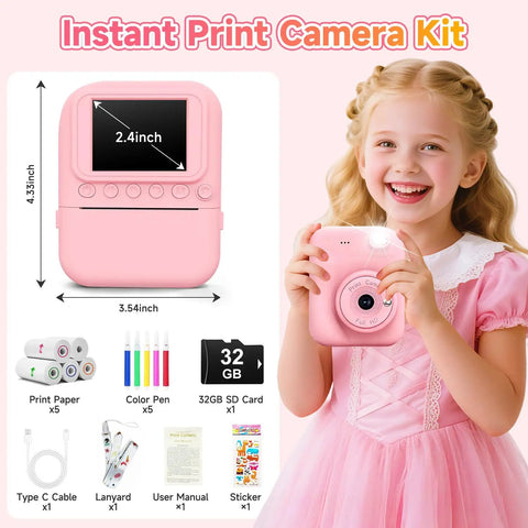 Kids Instant Print Camera Captures 1080P Memories For Fun On The Go A Kid Friendly Digital Camera That Lets Them Snap Sharp Pics And Print Black And White Or Color Prints Great Gift For Budding Shutterbugs. Pink kids instant print camera kit with 2.4-inch screen, 32GB SD card, cable and rolls