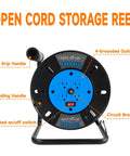 Heavy Duty Extension Cord Reel With Four Grounded Outlets And 10A Circuit Breaker, Retractable Wind, Blue open cord reel