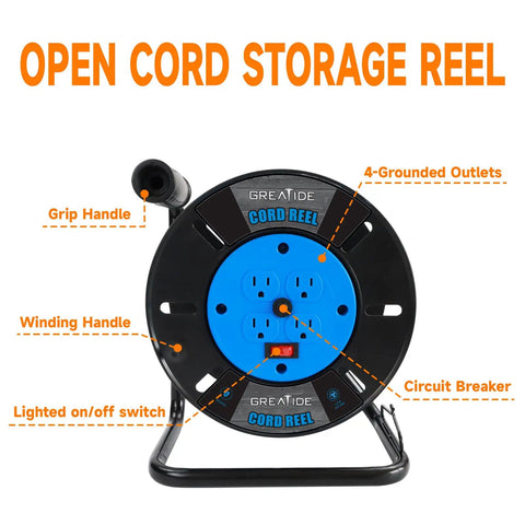 Heavy Duty Extension Cord Reel With Four Grounded Outlets And 10A Circuit Breaker, Retractable Wind, Blue open cord reel