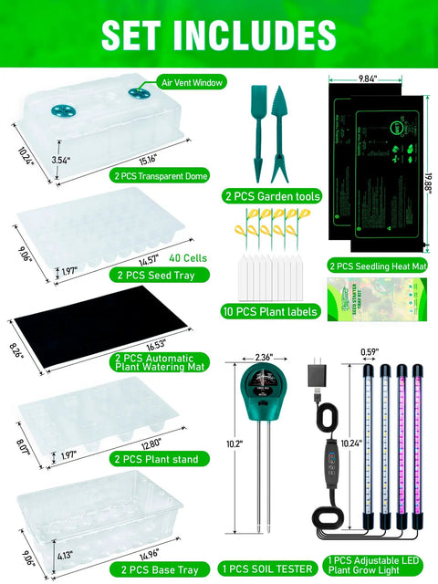 Self Watering Seed Starter Tray With Grow Light And Heat Mat 80 Cell Kit components layout and dimensions