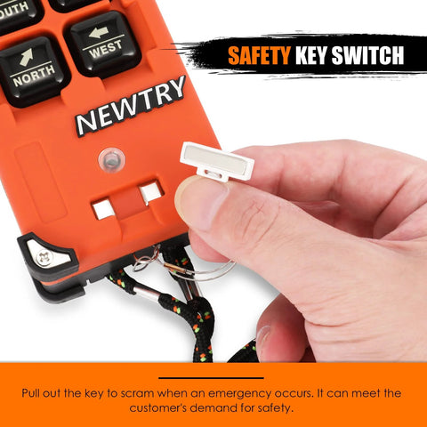 NEWTRY orange 8-button wireless crane remote control with safety key switch; handheld transmitter.