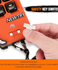 Close-up of Eight Button Wireless Crane Remote Control safety key switch being operated by hand.