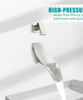 Wall Mount Waterfall Bathroom Faucet With Single Handle In Brushed Nickel pouring water into a sink with high-pressure flow.