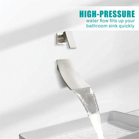 Wall Mount Waterfall Bathroom Faucet With Single Handle In Brushed Nickel pouring water into a sink with high-pressure flow.