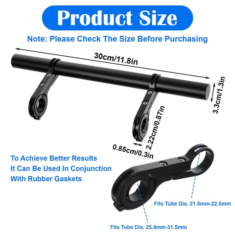 Diagram showing Ultra Long Bike Handlebar Extender Eleven Point Eight Inches Aluminum Alloy Cross Bar with size specifications