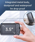 Close-up of a hand holding a pocket thermal camera with 160x120 infrared resolution, metal build, 3.5 inch screen, 50 degree FOV.