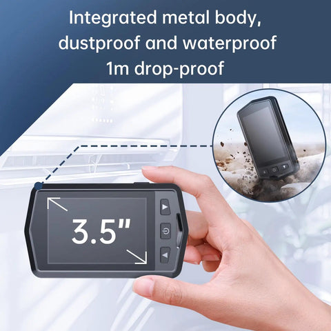 Close-up of a hand holding a pocket thermal camera with 160x120 infrared resolution, metal build, 3.5 inch screen, 50 degree FOV.