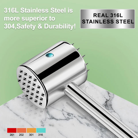 Dual Sided 316L Stainless Steel Meat Tenderizer Mallet With 19 Sharp Needle Spikes, Heavy Duty Kitchen Pounder, 1.09 Lb Solid