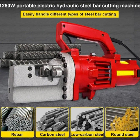 Heavy Duty Electric Rebar Cutter With 1250W Motor Cuts Up To 20mm Steel Bar Fast In Under Four Seconds, showcasing the hydraulic cutting machine.