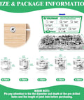 Heavy Duty Furniture Cam Lock Assortment Box With 125 Pieces Cabinet Connector Bolts And Nuts, sizes displayed with detailed dimensions.