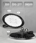 Badass 200W Led High Bay Produces Hella Bright 29000 Lumens At 4000K With Smooth 0-10V Dimming For Legit Commercial Warehouses Factories And Home Garages Featuring A Tough Aluminum Housing And UL Approval, showing dimensions and details.