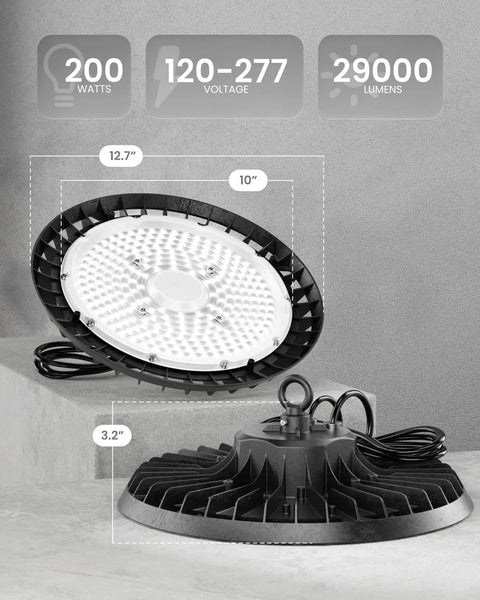 Badass 200W Led High Bay Produces Hella Bright 29000 Lumens At 4000K With Smooth 0-10V Dimming For Legit Commercial Warehouses Factories And Home Garages Featuring A Tough Aluminum Housing And UL Approval, showing dimensions and details.