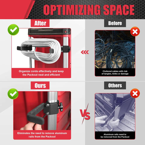 Extension Cord Holder For Packout Toolbox Storage And Cord Organizer, showing before and after space-saving clips on Milwaukee Packout system