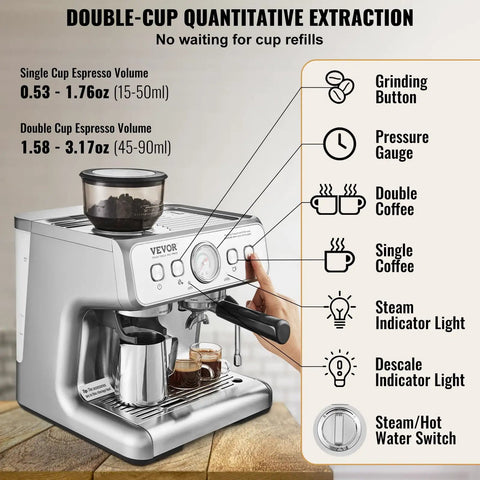 Solid Semi Automatic Espresso Machine With Built In Grinder And Large Hopper Pulls Crisp Shots Hella Quick for making espresso with dual cup options.