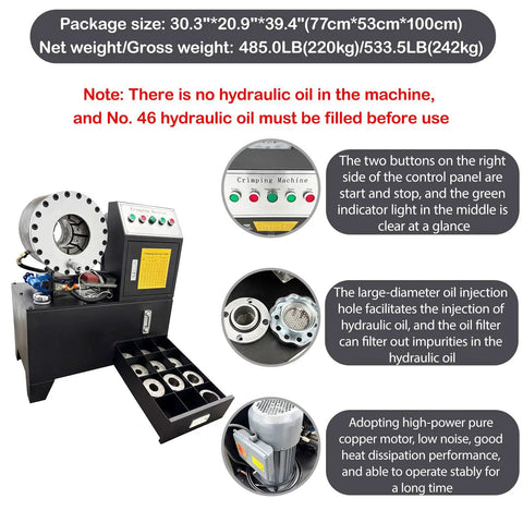 Rugged Electric Hydraulic Hose Crimping Machine With Ten Interchangeable Dies And Badass 3600 KN Crushing Force For No Sweat Rubber Tube Fixes On Any Workbench Today, showcasing control panel and hydraulic parts.