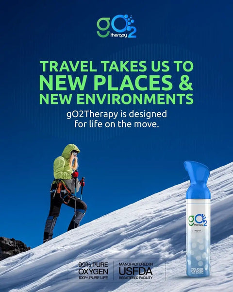 Climber on snowy slope beside Portable Oxygen Canister 2 Pack Lightweight 7 Oz Each Delivering Up To 450 Inhalations On The Go.