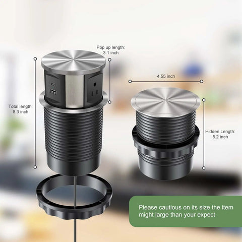Pop Up Power Outlet Station With 3 AC Plugs And USB A Plus USB C, Recessed Socket For Kitchen Countertop, dimensions illustrated