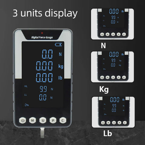 Top Notch 1000N Force Gauge Push Pull Tester Tension Meter Torque Tester, 220 Lb Capacity, Handheld US Plug, HD Color Display, Simultaneous Nm and Lb Readouts, Three Measurement Modes for Real Time and Peak digital force gauge showing 3 units